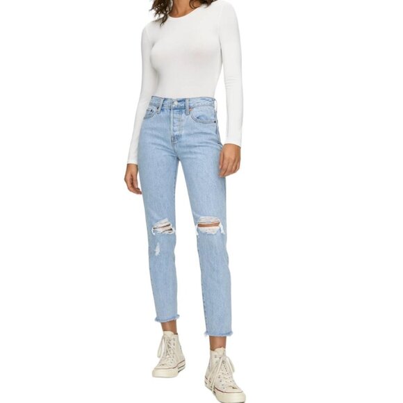 LEVI'S Wedgie Icon Denim High Rise Ripped Cropped Jeans Frayed Hem Blue 28 - Picture 1 of 10
